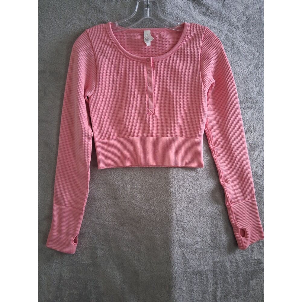 Aerie Offline Squeeze Seamless Waffle Crop Henley M Long Sleeve Thumb Holes Pink